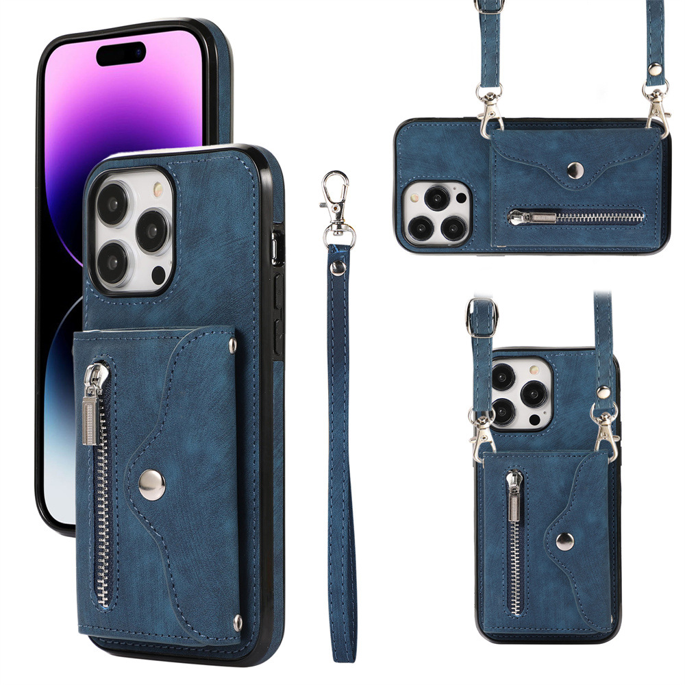 

Für Iphone 15 Pro PU Leder+tpu Reißverschlusspocket Case Kickstand Wallet RFID -blockierungsabdeckung Mit Gurten - Blau, iPhone 15 Pro