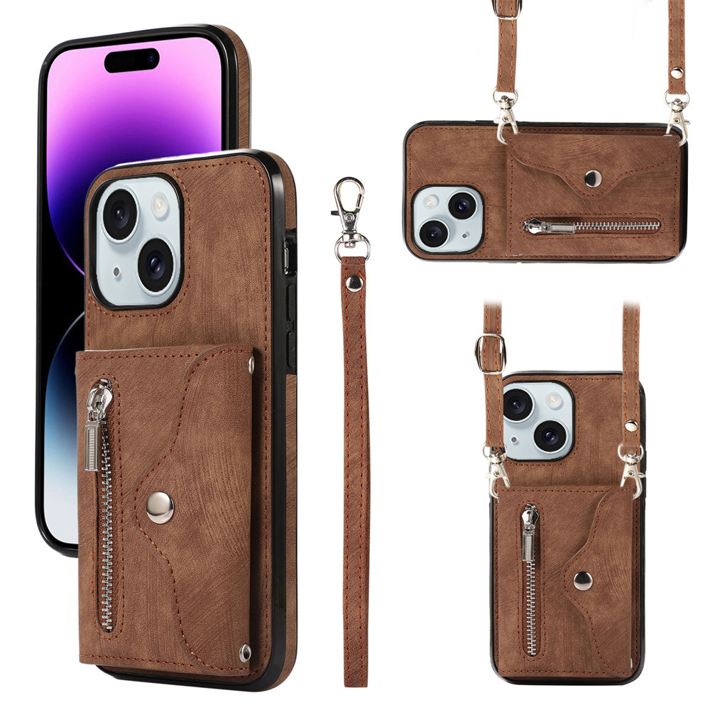 

Für Das Iphone 15 Plus PU Leder+tpu RFID Blocking Case Kickstand Wallet Reißverschluss Taschen -telefonabdeckung - Braun, iPhone 15 Plus