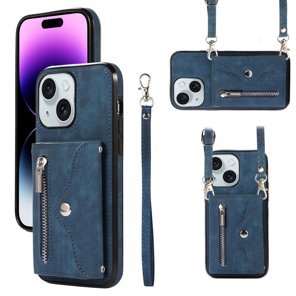 

Für Das Iphone 15 Plus PU Leder+tpu RFID Blocking Case Kickstand Wallet Reißverschluss Taschen -telefonabdeckung - Blau, iPhone 15 Plus