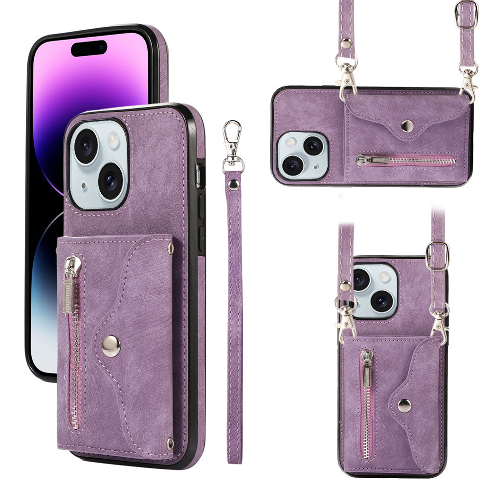 

Für Das Iphone 15 Plus PU Leder+tpu RFID Blocking Case Kickstand Wallet Reißverschluss Taschen -telefonabdeckung - Lila, iPhone 15 Plus