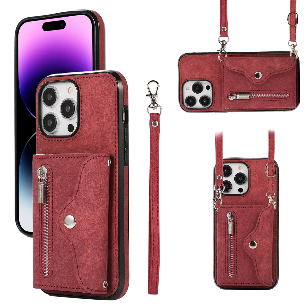 

Für Das Iphone 15 Pro Max RFID Blocking Telefon Reißverschluss Pocke PU Leder+tpu -kickständer Brieftasche Cover - Rot, iPhone 15 Pro Max