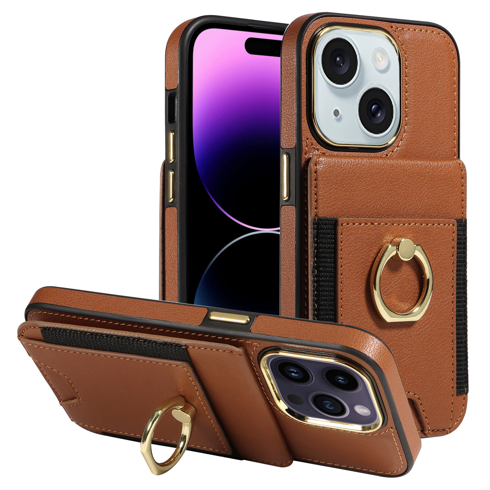 

Für Iphone 15 Plus PU Leder+tpu Ring Kickstand Cover -karten -slots RFID Blocking Protection Phone Hülle - Braun, iPhone 15 Plus