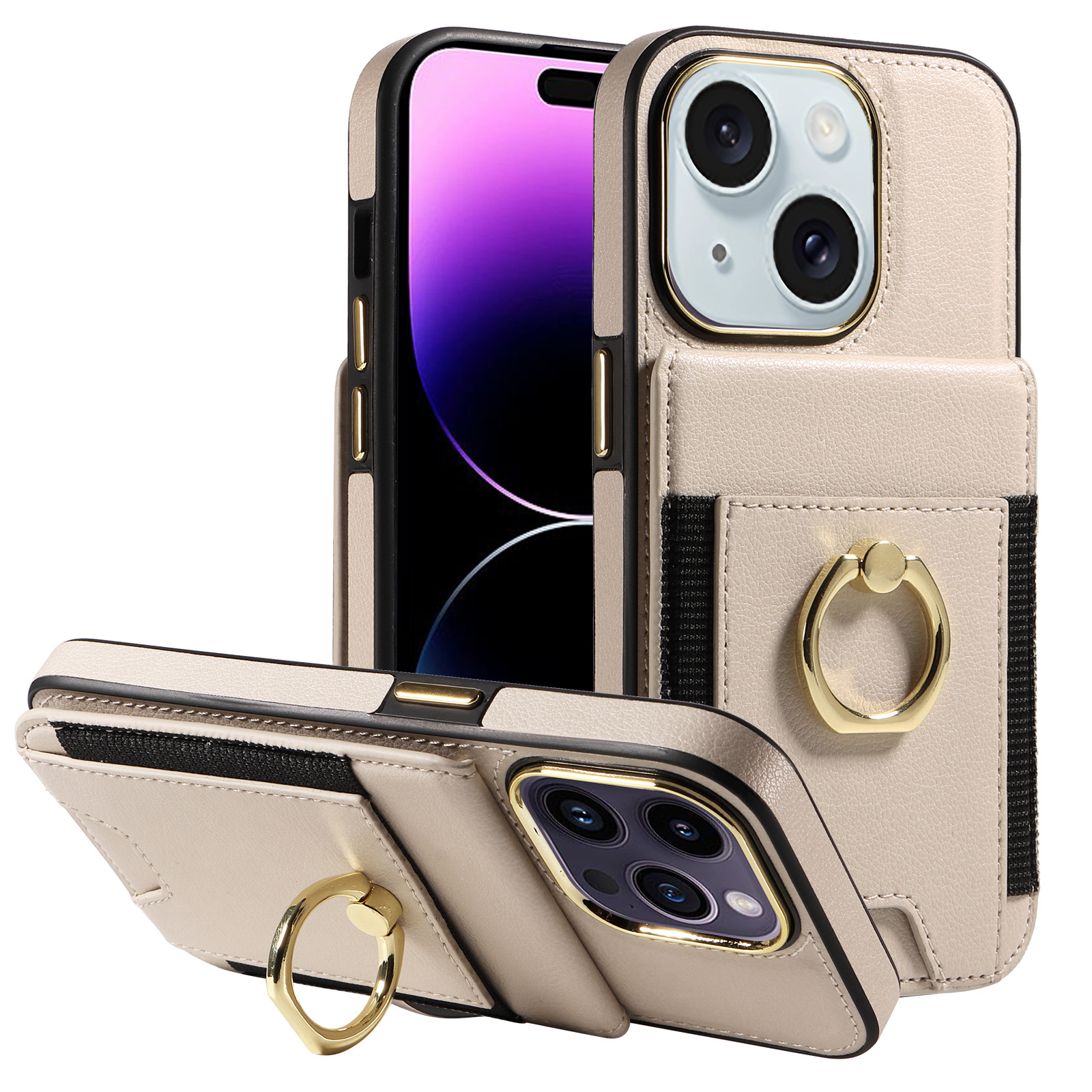 

Für Iphone 15 Plus PU Leder+tpu Ring Kickstand Cover -karten -slots RFID Blocking Protection Phone Hülle - Beige, iPhone 15 Plus
