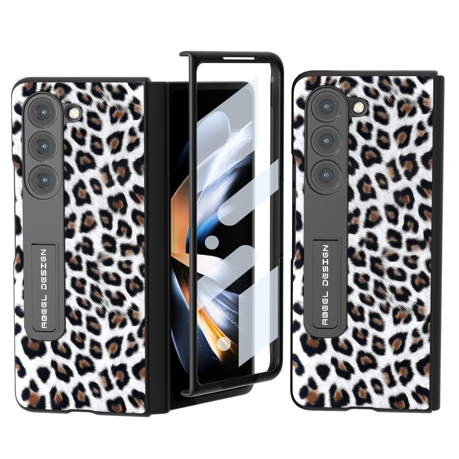 

ABEEL Für Samsung Galaxy Z Fold5 5G Leopardenmuster Kickstand -cover PU+PC -telefonhülle Mit Temperamentvollem Glasfilm - Silber, Galaxy Z Fold5 5G