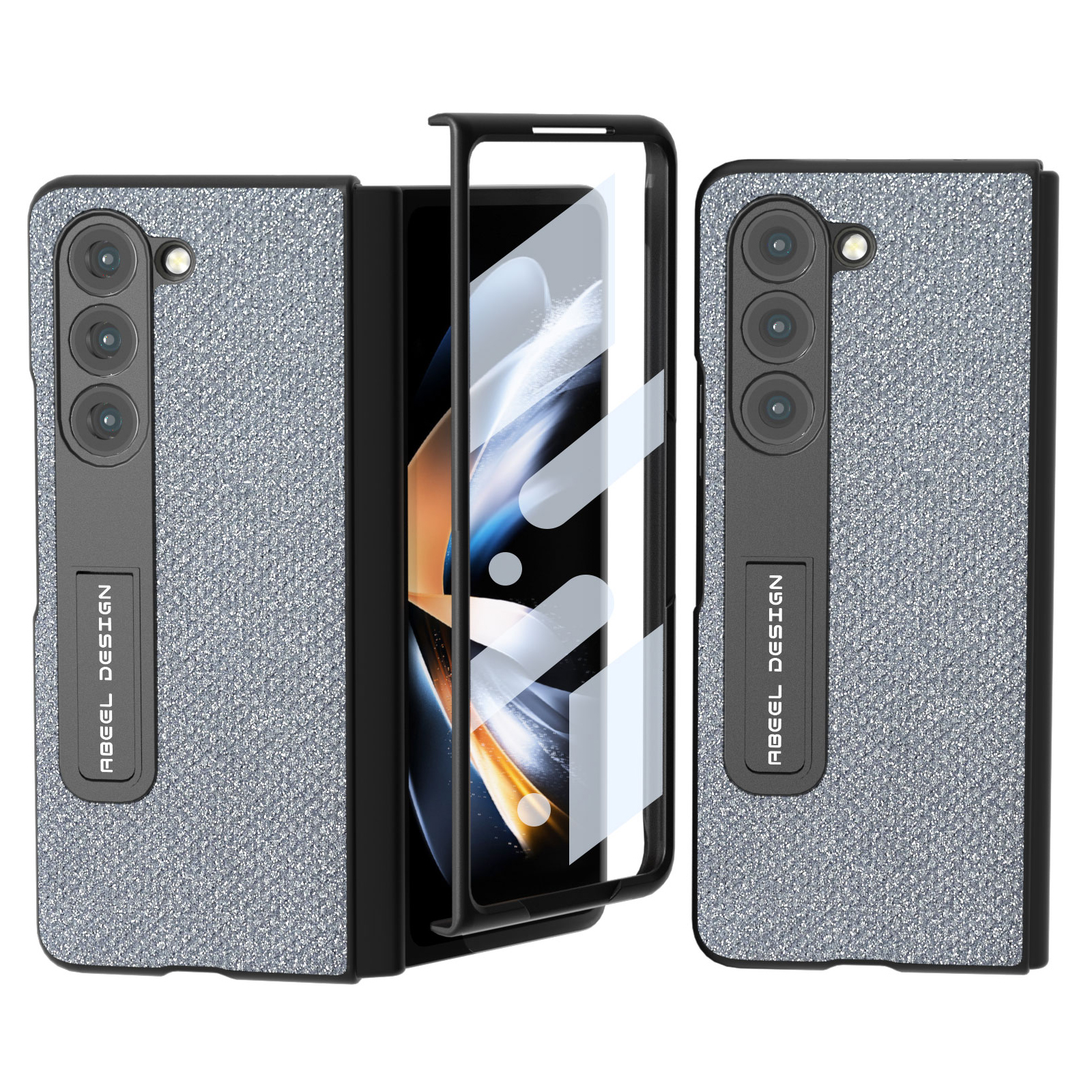 

ABEEL Für Samsung Galaxy Z Fold5 5G PU Leder+pc Phone Hülle Strass Textur Kickstand Cover Mit Vorderem Bildschirm Beschützer - Grau, Galaxy Z Fold5 5G