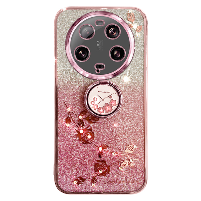 

Für Xiaomi 13 Ultra -blumenmuster Glitzer Schockdicht Von TPU -deckungsring -kickstand -telefonhülle - Roségold, Xiaomi 13 Ultra
