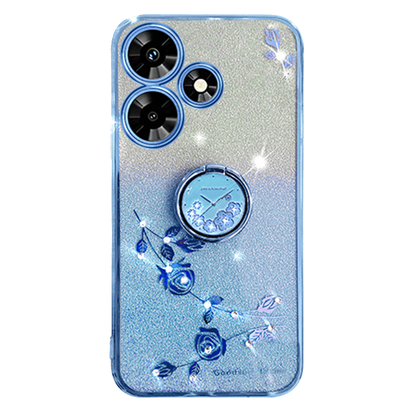 

Für Infinix Hot 30i Blumenmuster Glitzer Weicher Tpu-deckungsring-kickstand Anti-fall-handy-hülle - Blau, Infinix Hot 30i