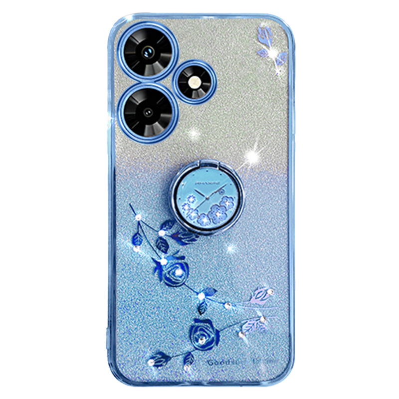 

Für Infinix Hot 30 Play Ring Kickstand Blumenmuster Glitzer Soft TPU Cover Mobiltelefon Fall - Blau, Infinix Hot 30 Play