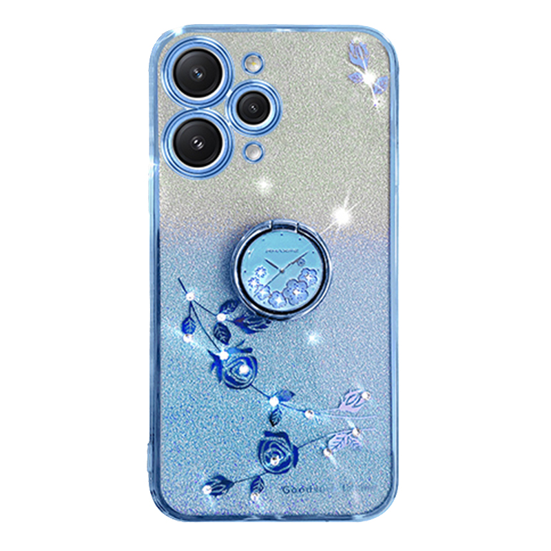

Für Xiaomi Redmi 12 5g / Hinweis 12R 5G Mobilfunkkoffer Mit Ring -kickstand Glitter Blumenmuster TPU -abdeckung - Blau, Xiaomi Poco M6 Pro 5G