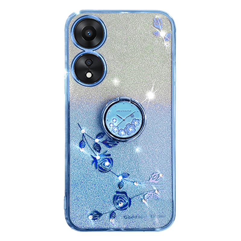 

Für Oppo A58 5G / A58x 5G / A78 5G / A1x 5G Blumenmuster Glitzer Cover Ring Ring Kickstand TPU Telefon Hülle - Blau, Oppo A58 5G