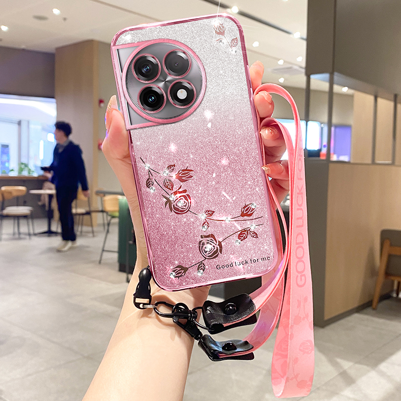 

Für OnePlus 11r 5g / Ace 2 5g-gurt-design Glitzer Strassdekorblum TPU Back Case Anti-kratzer-telefonschale - Roségold, OnePlus 11R 5G