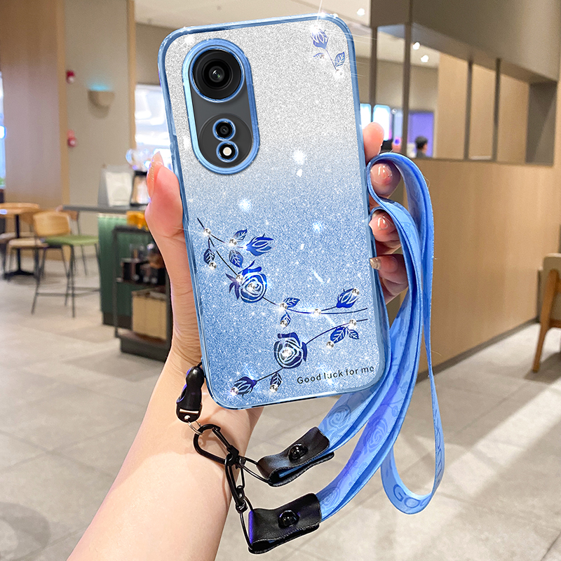 

Für Oppo A1 Pro 5G/Reno8 T 5G Gurt Design Glitzer Strass Dekor Blume TPU Back Case Handy Shell - Blau, Oppo A1 Pro 5G