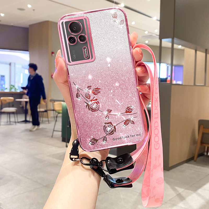 

Für Xiaomi Redmi K60E 5G Glitter Strass Decor Flower Design TPU Smartphone Hülle Schutzschale Mit Riemen - Roségold, Xiaomi Redmi K60E 5G