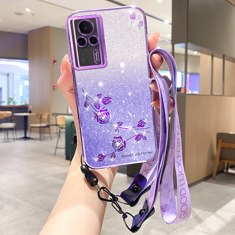 

Für Xiaomi Redmi K60E 5G Glitter Strass Decor Flower Design TPU Smartphone Hülle Schutzschale Mit Riemen - Lila, Xiaomi Redmi K60E 5G