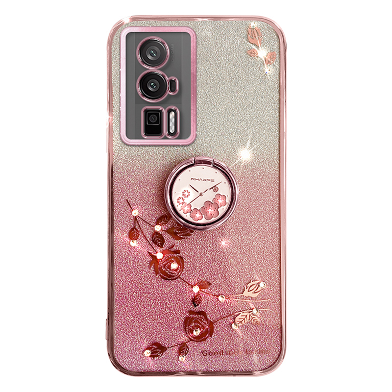 

Für Xiaomi Poco F5 Pro 5G / Redmi K60 5G / K60 Pro 5G Ring Kickstand Glitter Handy Hülle Blumenmuster TPU -abdeckung - Roségold, Xiaomi Redmi K60 5G