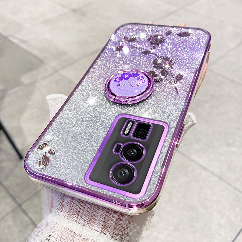 

Für Xiaomi Poco F5 Pro 5G / Redmi K60 5G / K60 Pro 5G Ring Kickstand Glitter Handy Hülle Blumenmuster TPU -abdeckung - Lila, Xiaomi Redmi K60 5G