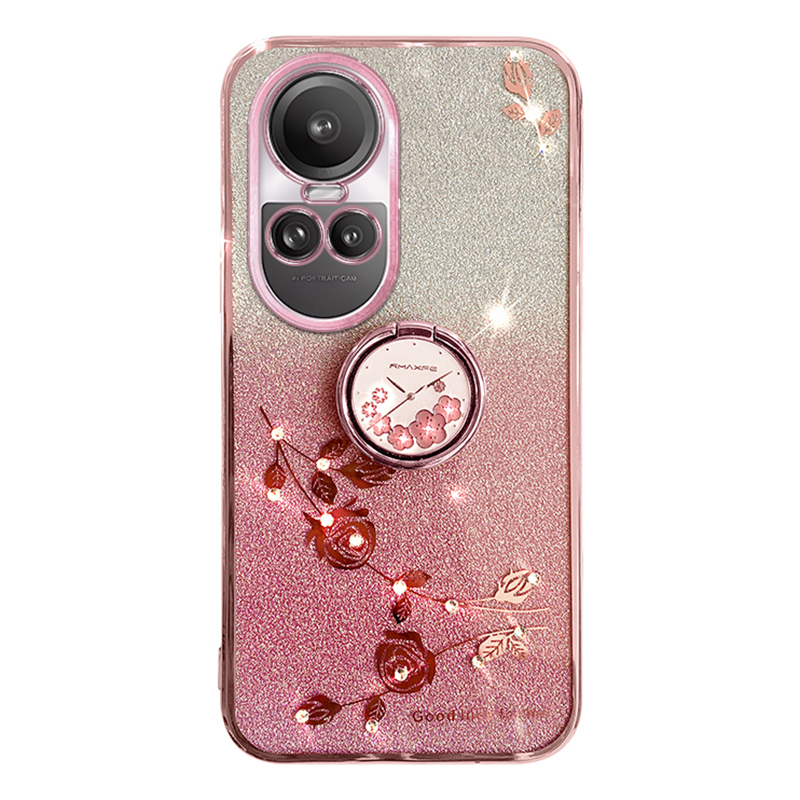 

Für Oppo Reno10 5g / Reno10 Pro 5G Ring Kickstand Glitter Anti-scratch-hülle Blumenmuster Tpu-abdeckung - Roségold, Oppo Reno10 5G (Global)