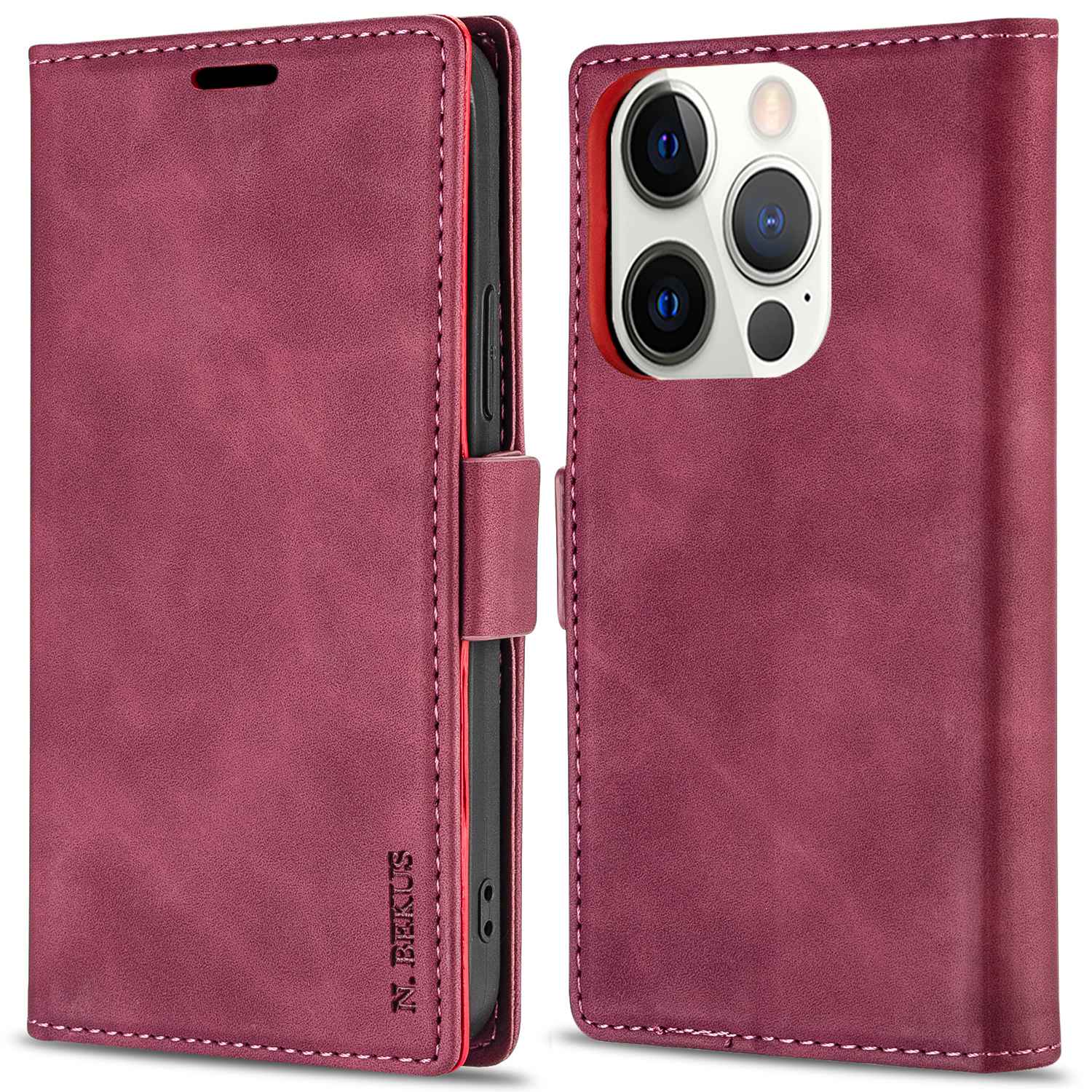

n. Bekus Für Iphone 15 Pro Skin-touch PU Leder Brieftasche Hülle Telefonabdeckung - Weinrot, iPhone 15 Pro