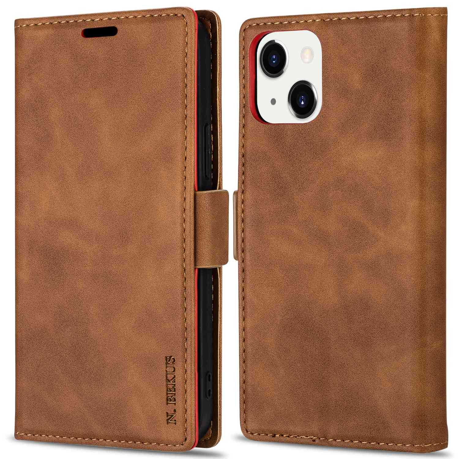 

n. Bekus Für Iphone 15 Plus PU Leder Telefon Deckung Ständer Haut-touch-telefon Brieftasche Hülle - Braun, iPhone 15 Plus