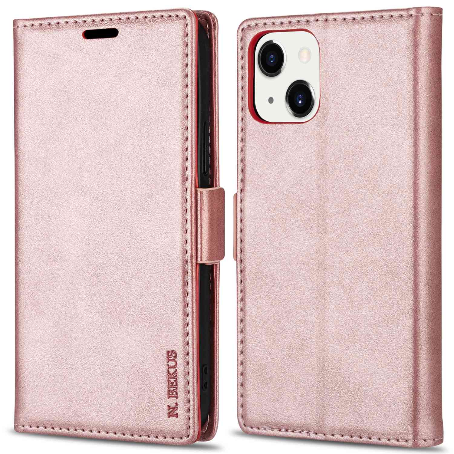 

n. Bekus PU Leder Telefon Brieftasche Hülle Für Iphone 15, Skin-touch Anti-scratch-ständer Cover - Roségold, iPhone 15