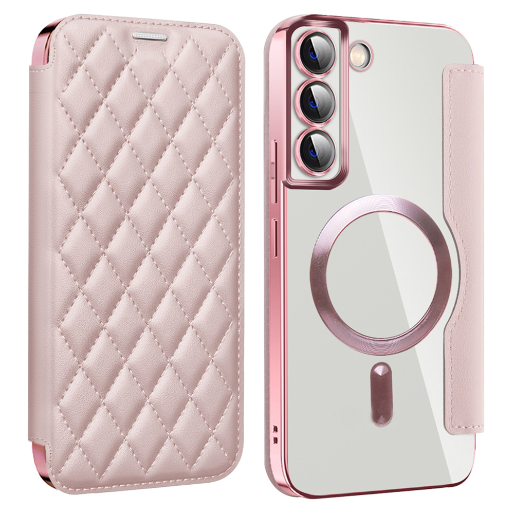 

Für Samsung Galaxy S23 Kompatibel Mit Magsafe Rhombus Leather Case RFID -blockierungskartenhalter Cover Mit Linsenfilm - Rosa, Galaxy S23
