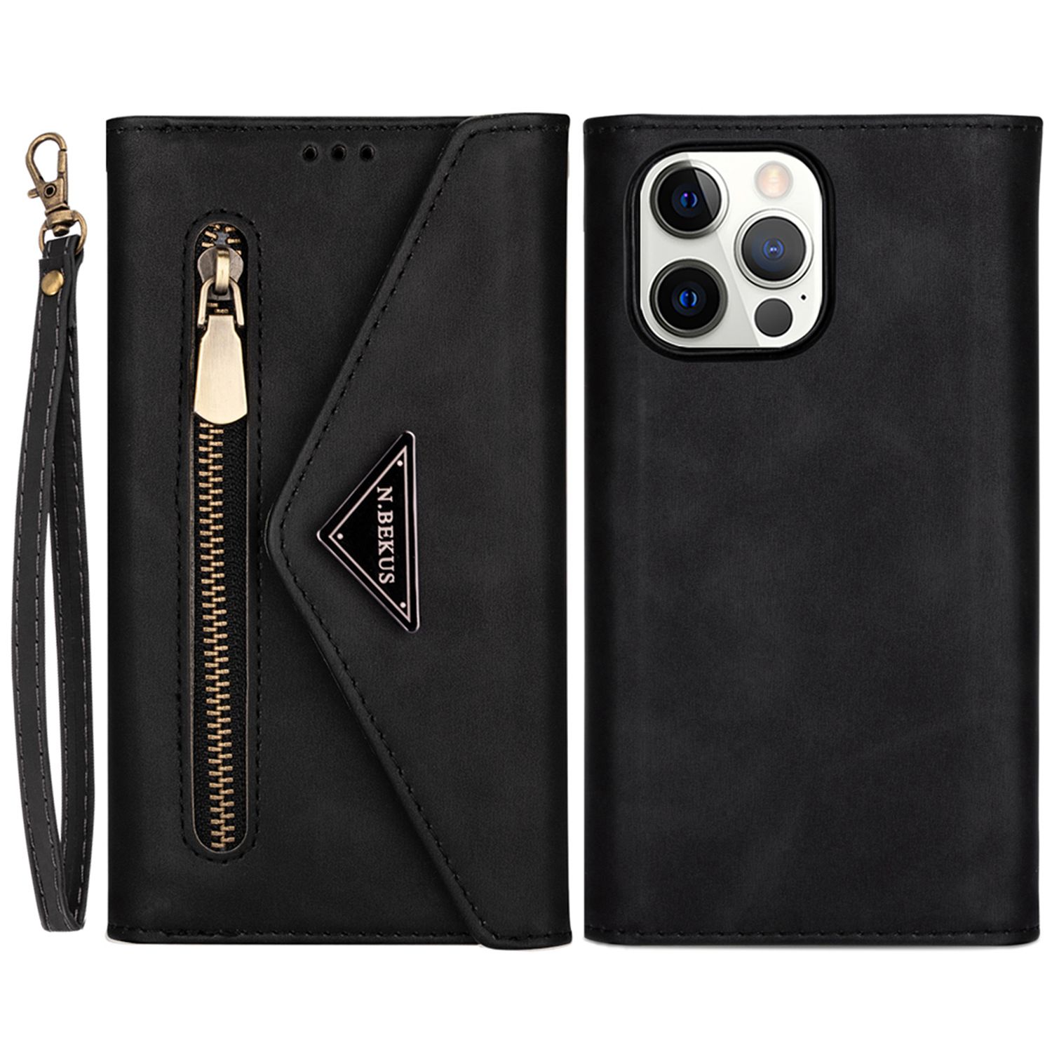 

n. Bekus Für Iphone 15 Pro Wallet Phone Leder Hülle Reißverschluss Pocket -ständer Telefonabdeckung Mit Short + Long Gurt - Schwarz, iPhone 15 Pro
