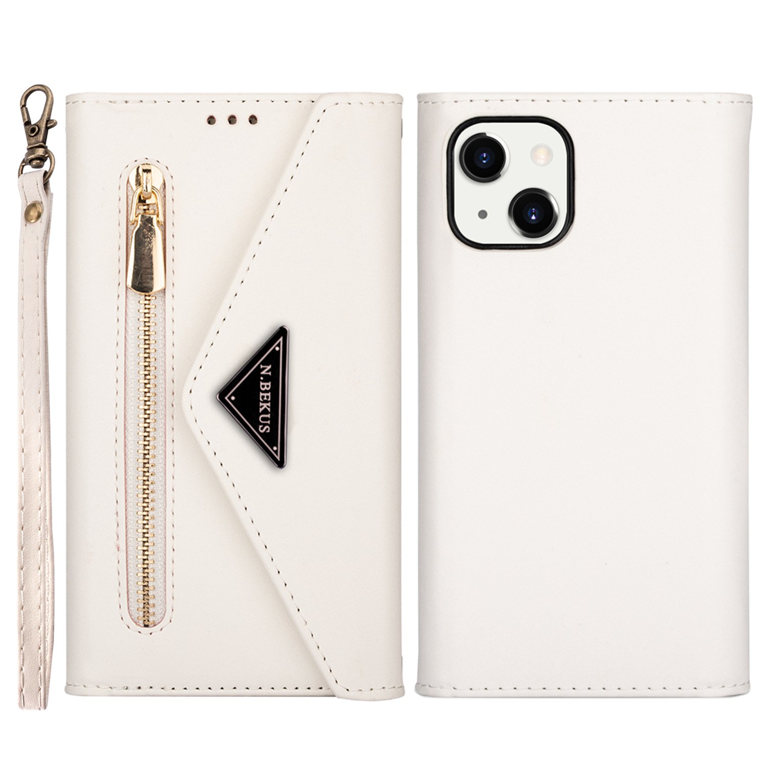 

n. Bekus Für Iphone 15 Plus Wallet Leather Phone Hülle Reißverschlusspocket -ständer Mit Kurzem + Langen Riemen - Weiß, iPhone 15 Plus