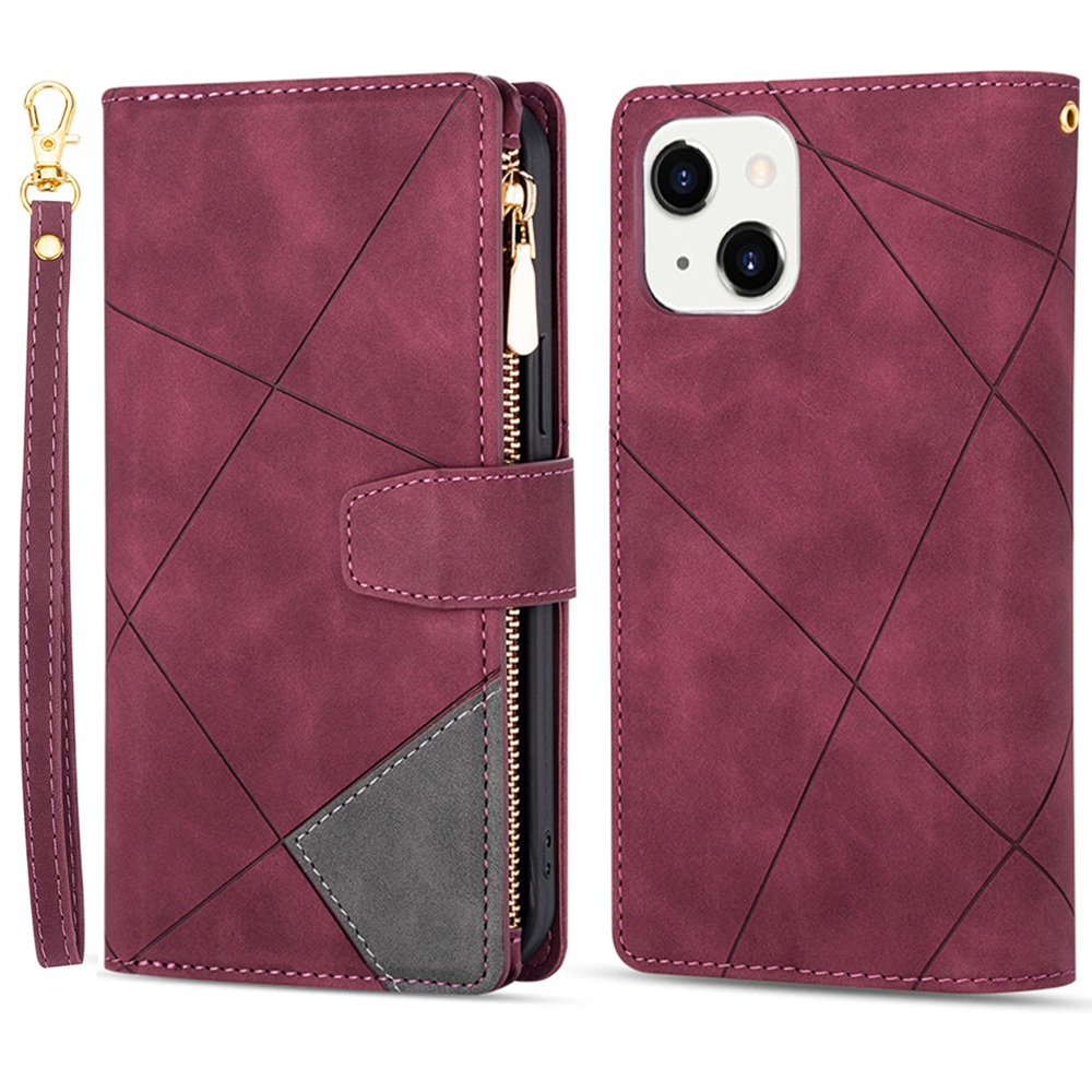 

Für Iphone 15 Plus Reißverschluss -taschentelefonabdeckung PU Lederlinien Geprägte Ständer Brieftasche Hülle - Rot, iPhone 15 Plus