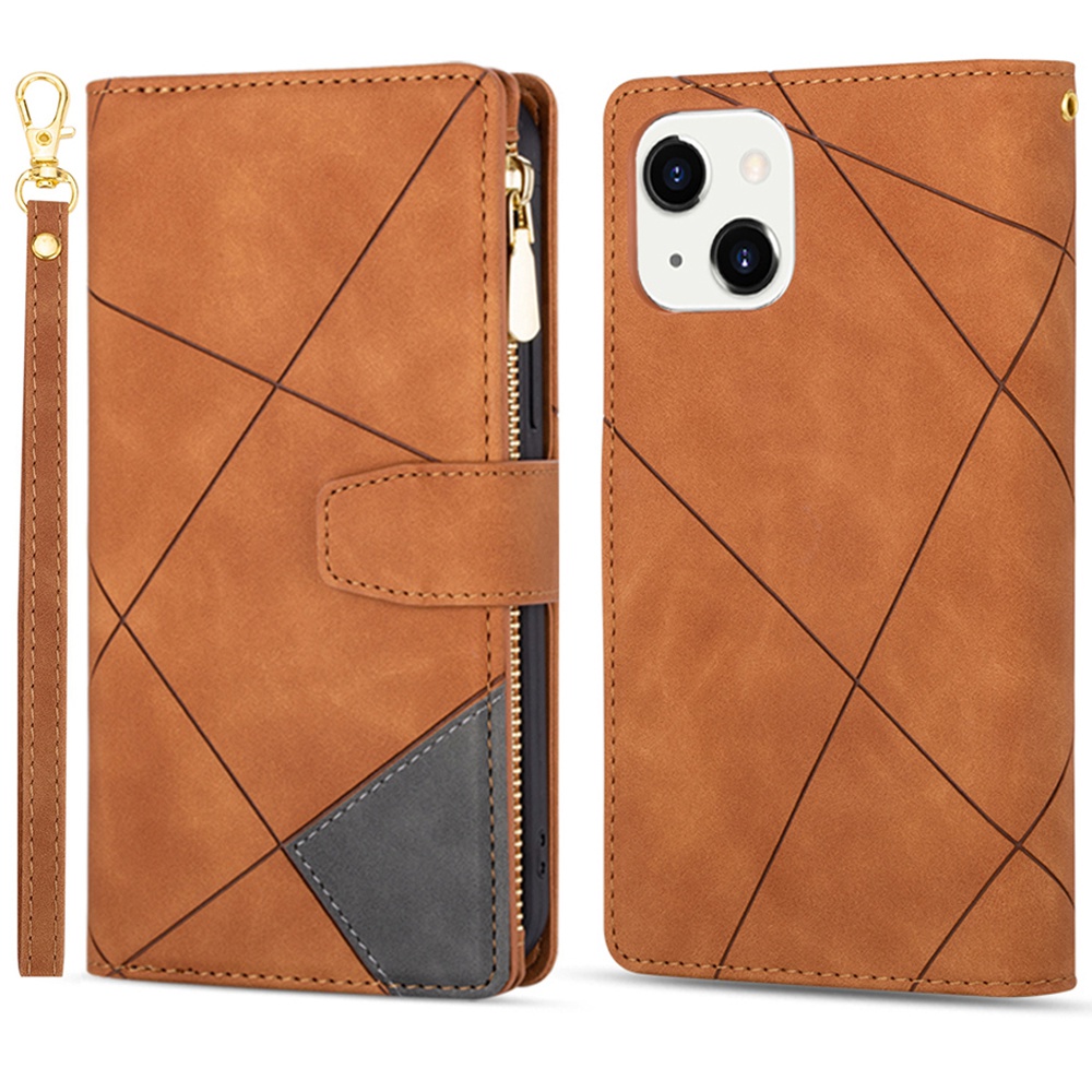 

Für Iphone 15 Plus Reißverschluss -taschentelefonabdeckung PU Lederlinien Geprägte Ständer Brieftasche Hülle - Braun, iPhone 15 Plus