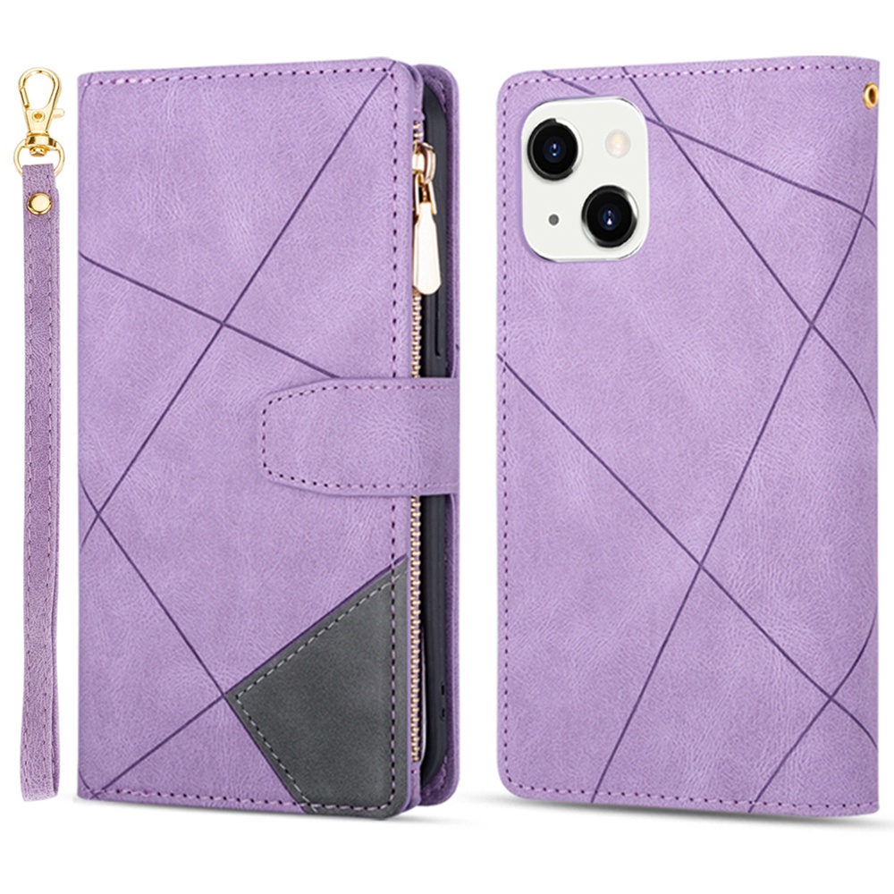 

Für Iphone 15 Plus Reißverschluss -taschentelefonabdeckung PU Lederlinien Geprägte Ständer Brieftasche Hülle - Lila, iPhone 15 Plus