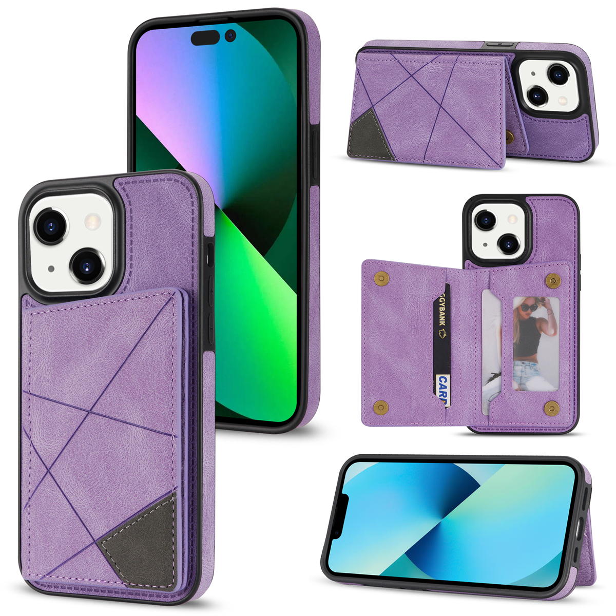 

Für Das Iphone 15 Kartenpocket Kickstand PU Leder+tpu Back Case Line Splicing Spruding Phone Hülle - Lila, iPhone 15