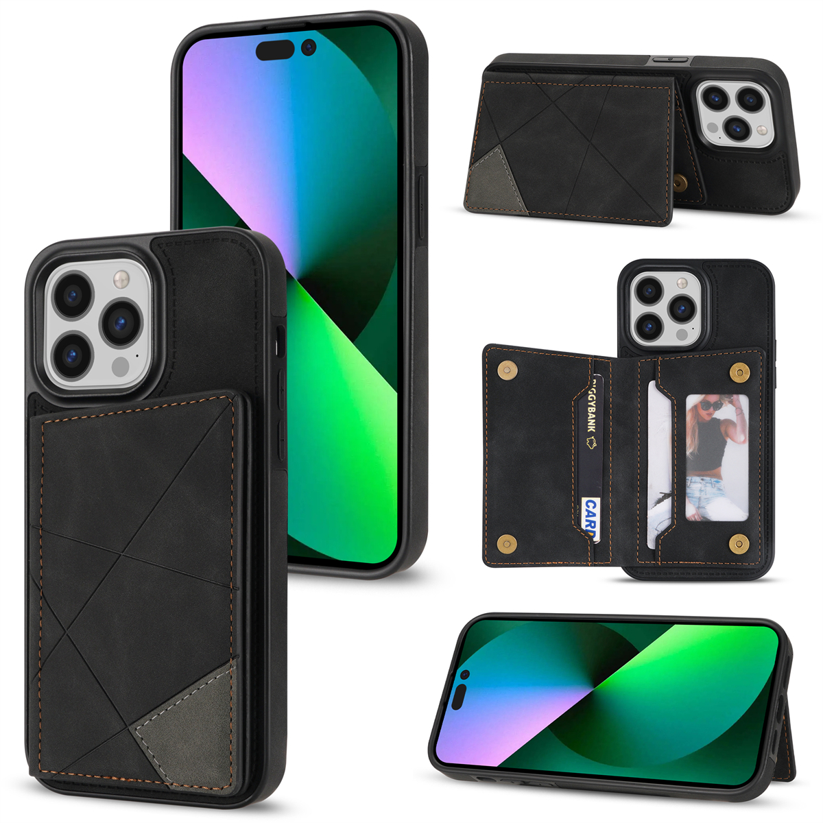 

Für Das Iphone 15 Pro Line Splicing Spruding Kartenhalter Kickstand PU Leder+tpu Back Case Telefonhülle - Schwarz, iPhone 15 Pro