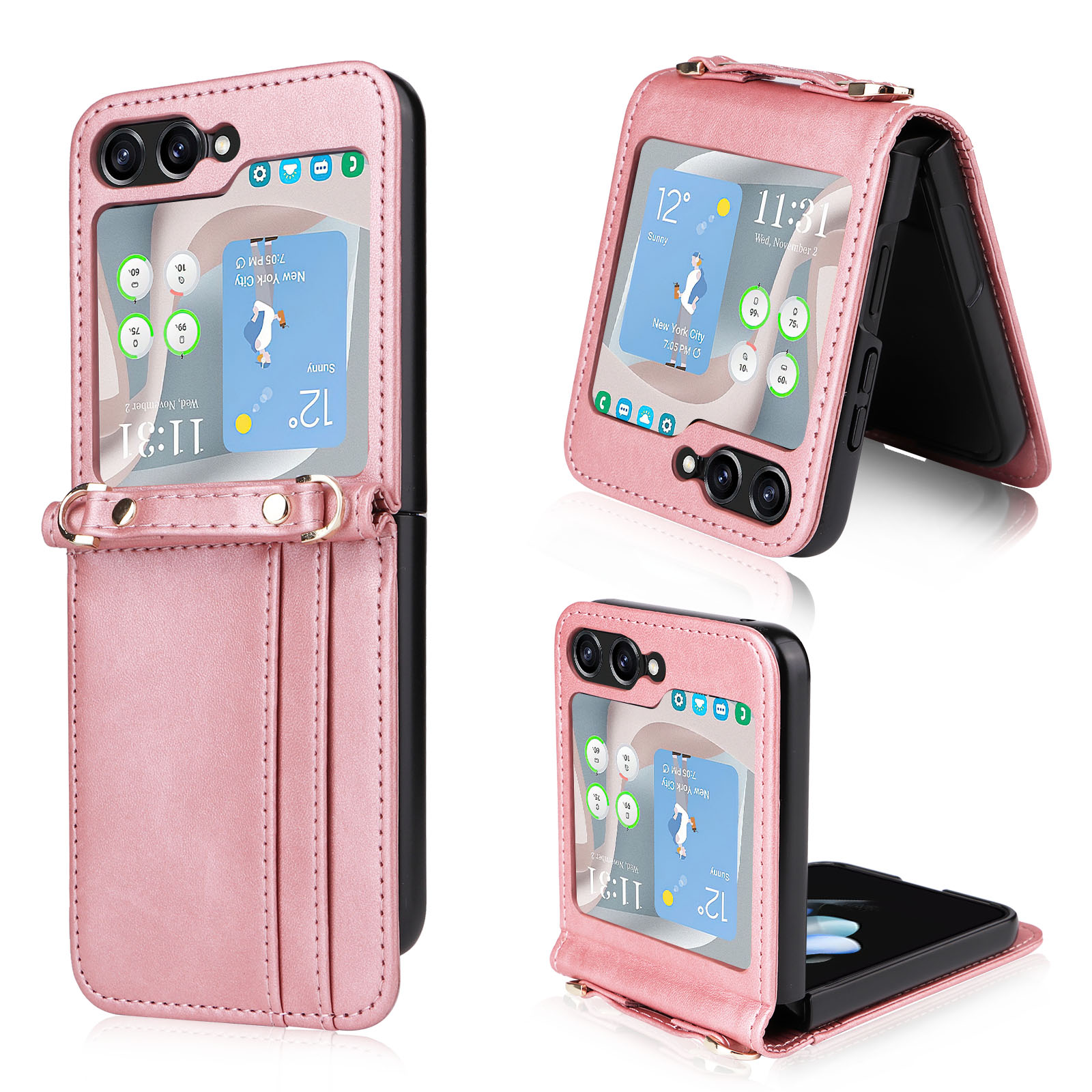 

Für Samsung Galaxy Z Flip5 5G PU Lederkartenhalter Hülle Einteilige Design-schockdelefonabdeckung Mit Lanyard - Rosa, Galaxy Z Flip5 5G