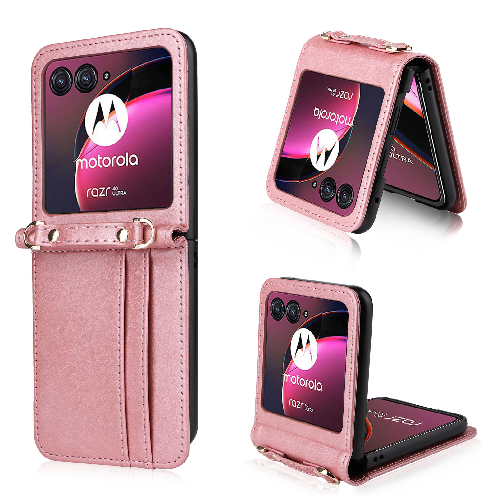 

Für Motorola Razr 40 Ultra 5G Hard PC + Pu-lederabdeckung Einteilige Designkarten-slots Telefonhülle Mit Lanyard - Rosa, Motorola Razr 40 Ultra 5G