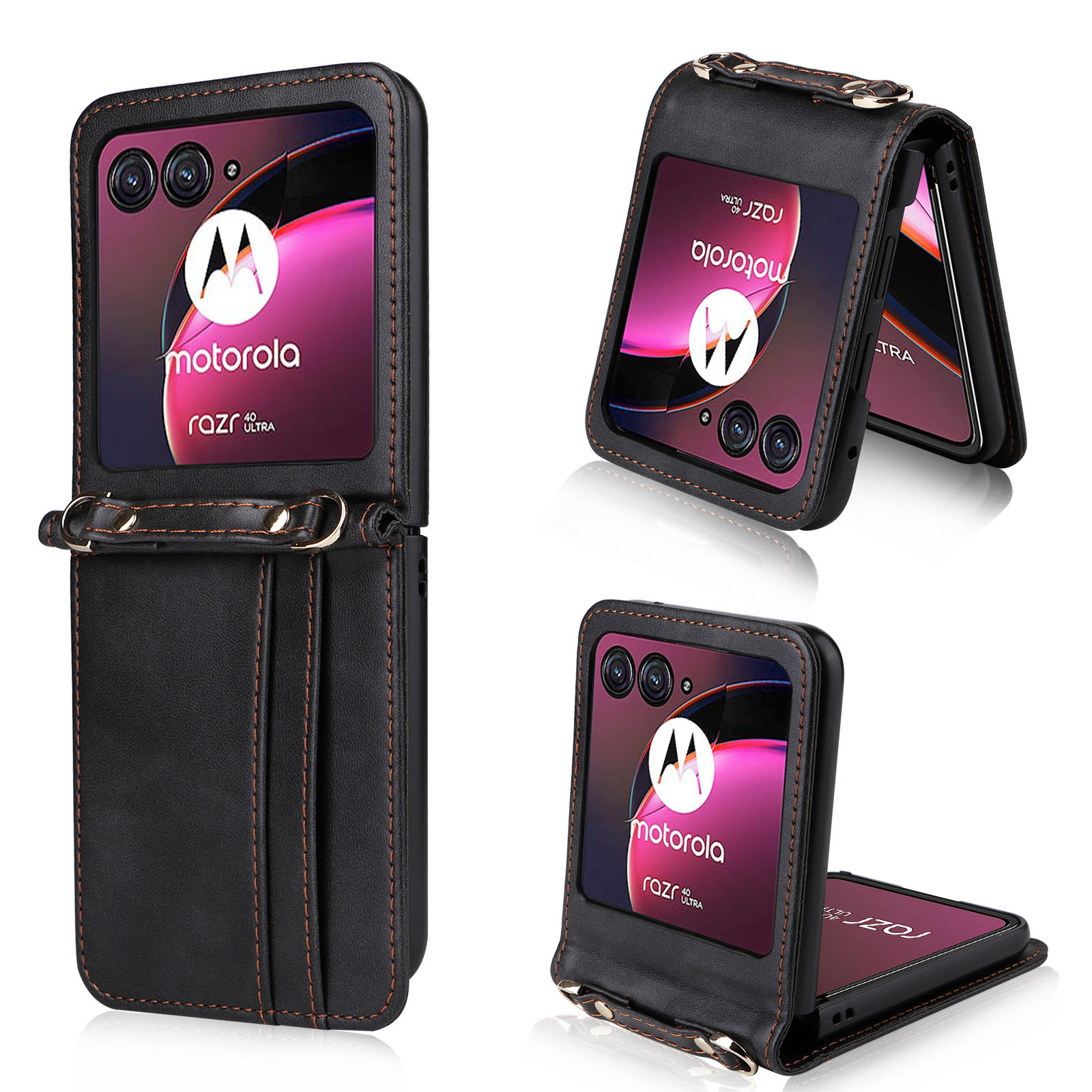 

Für Motorola Razr 40 Ultra 5G Hard PC + Pu-lederabdeckung Einteilige Designkarten-slots Telefonhülle Mit Lanyard - Schwarz, Motorola Razr 40 Ultra 5G