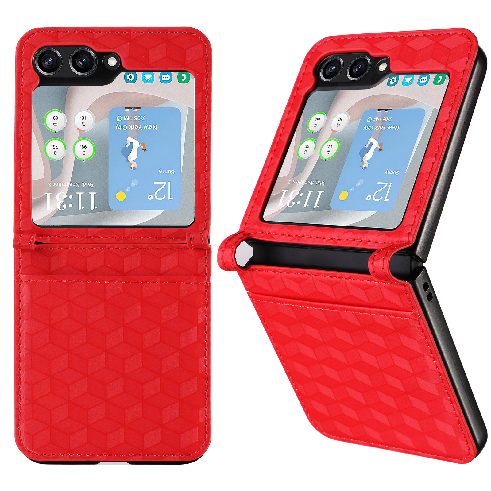 

Für Samsung Galaxy Z Flip5 5G Kartenschlitz Telefonhülle Einteilige Design PU Leder + PC Rhombus Eingeprägter Abdeckung - Rot, Galaxy Z Flip5 5G