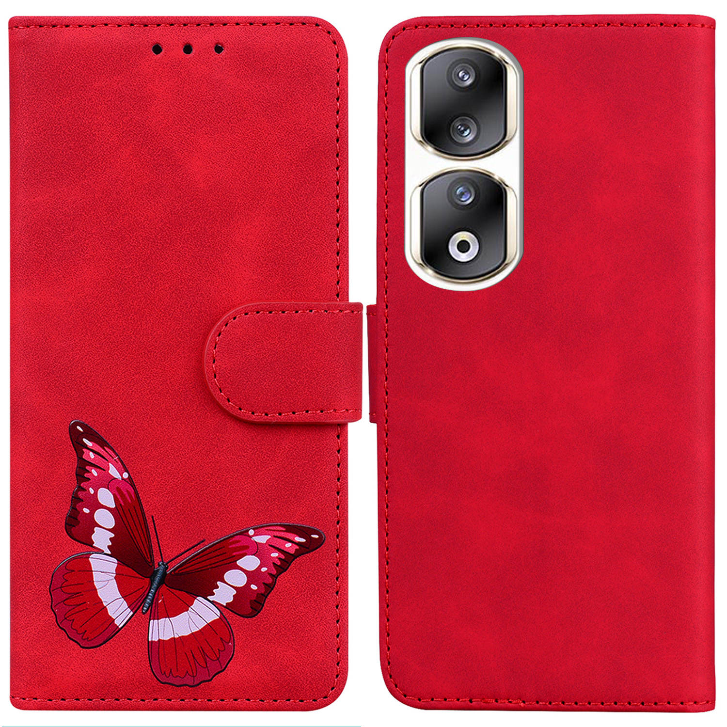 

Für Auszeichnung 90 Pro Anti-Scratch Wallet-telefonhülle Schmetterlingsdruck Hauttouch PU Leder Flip Cover - Rot, Honor 90 Pro