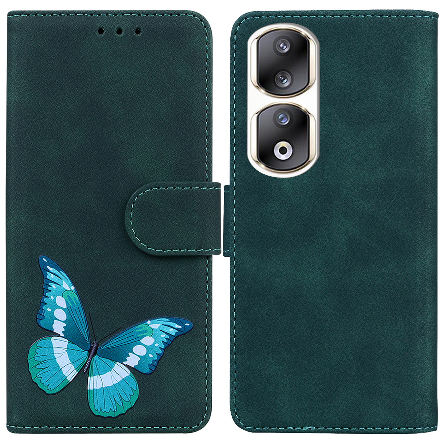 

Für Auszeichnung 90 Pro Anti-Scratch Wallet-telefonhülle Schmetterlingsdruck Hauttouch PU Leder Flip Cover - Grün, Honor 90 Pro