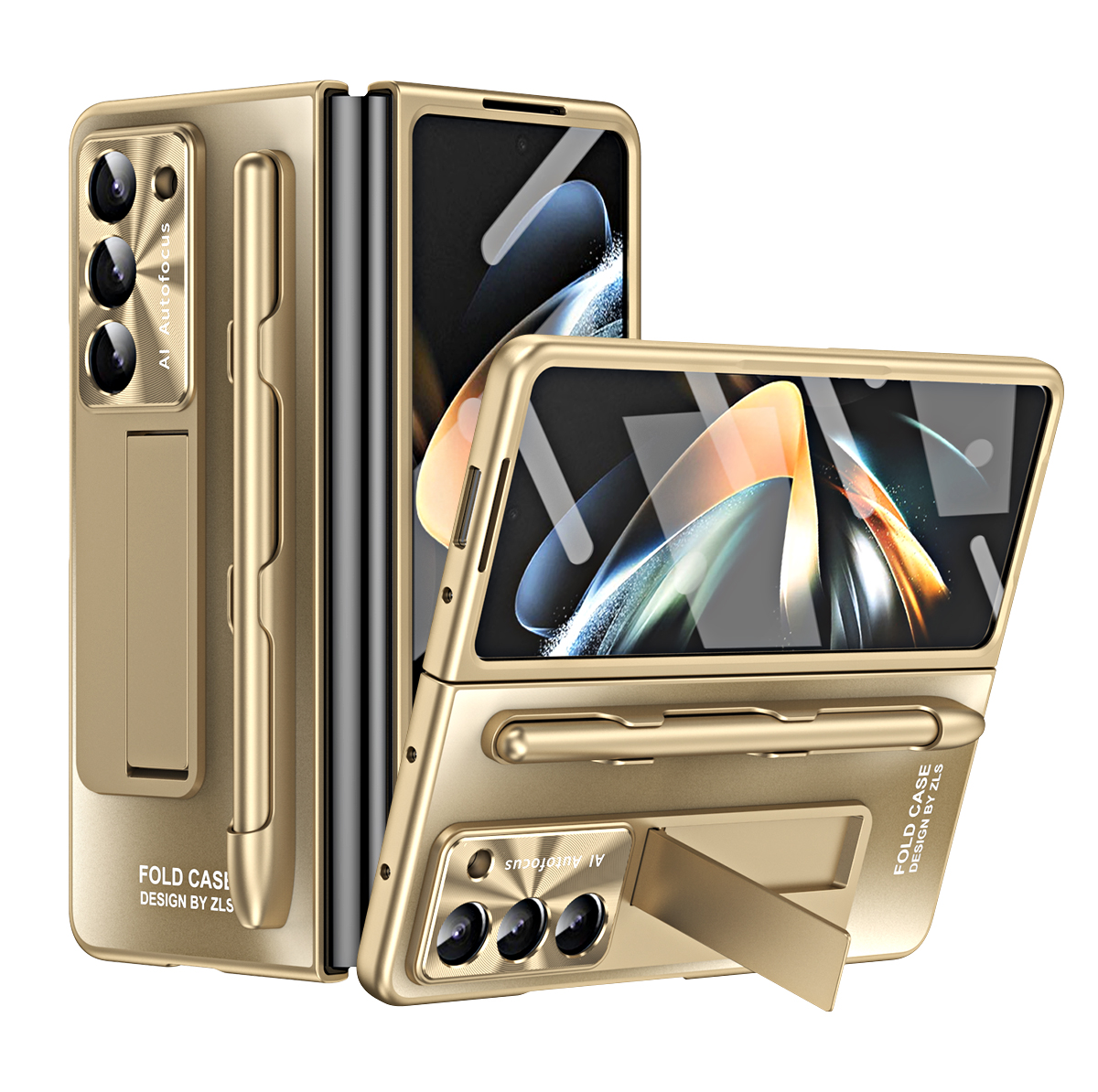 

For Samsung Galaxy Z Fold5 5G AG Matte Hard PC Phone Case Kickstand Protective Cover with Front Screen Protector / Stylus Pen - Champagne Gold, Galaxy Z Fold5 5G