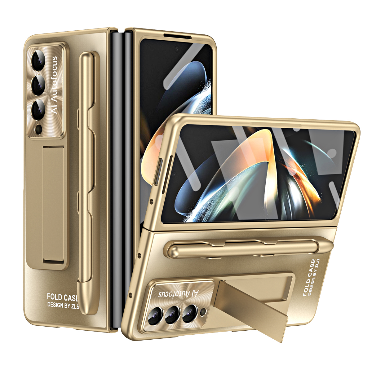 

Für Samsung Galaxy Z Fold3 5G AG Matte Phone Hülle Hartpc -kickstand Mit Glasfrontfilm / Stiftstift - Champagner Gold, Galaxy Z Fold3 5G