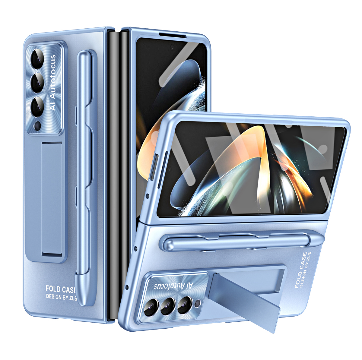 

Für Samsung Galaxy Z Fold3 5G AG Matte Phone Hülle Hartpc -kickstand Mit Glasfrontfilm / Stiftstift - Blau, Galaxy Z Fold3 5G