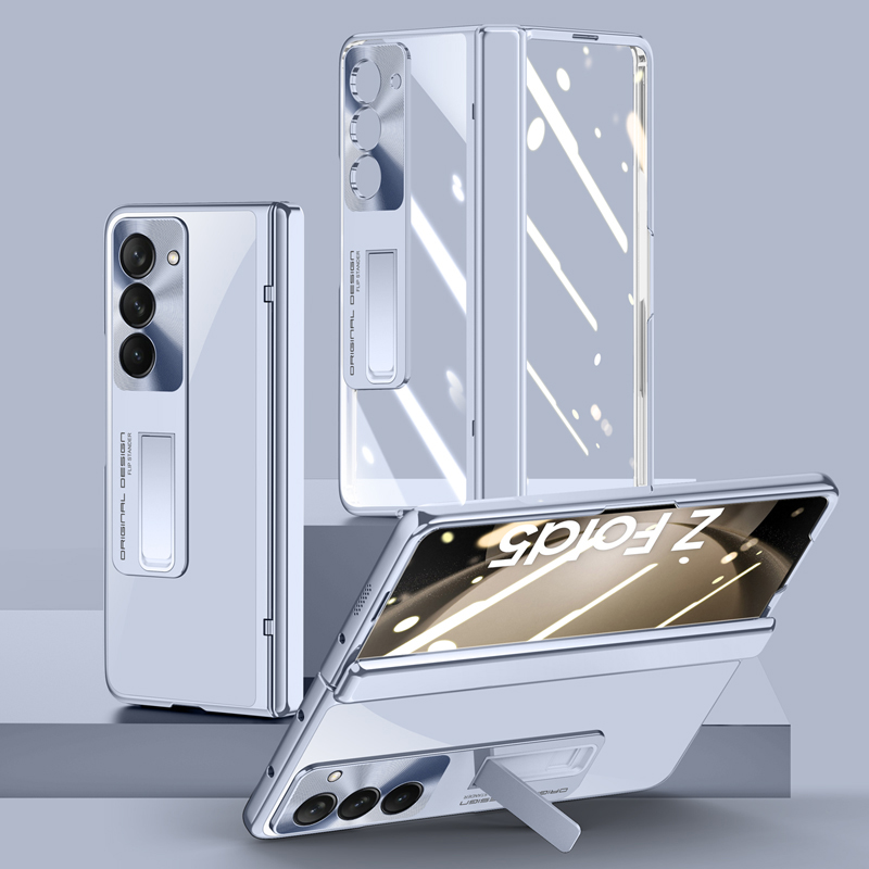 

Für Samsung Galaxy Z Fold5 5G Clear Kickstand Deckscharnierschutz Elektroplatten PC -telefonhülle Mit HD -temperaturglasfilm - Blau, Galaxy Z Fold5 5G