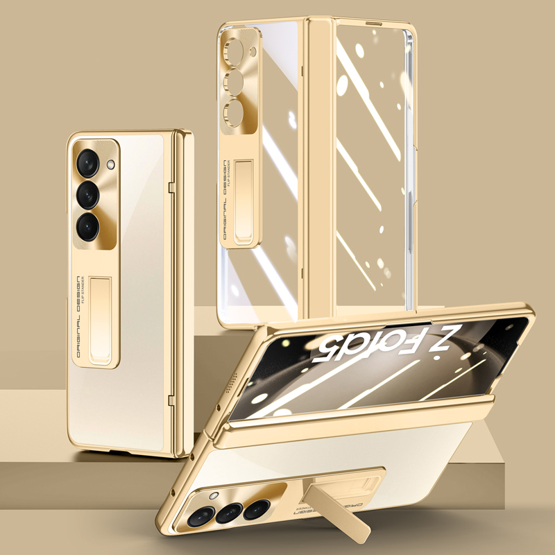 

Für Samsung Galaxy Z Fold5 5G Clear Kickstand Deckscharnierschutz Elektroplatten PC -telefonhülle Mit HD -temperaturglasfilm - Gold, Galaxy Z Fold5 5G