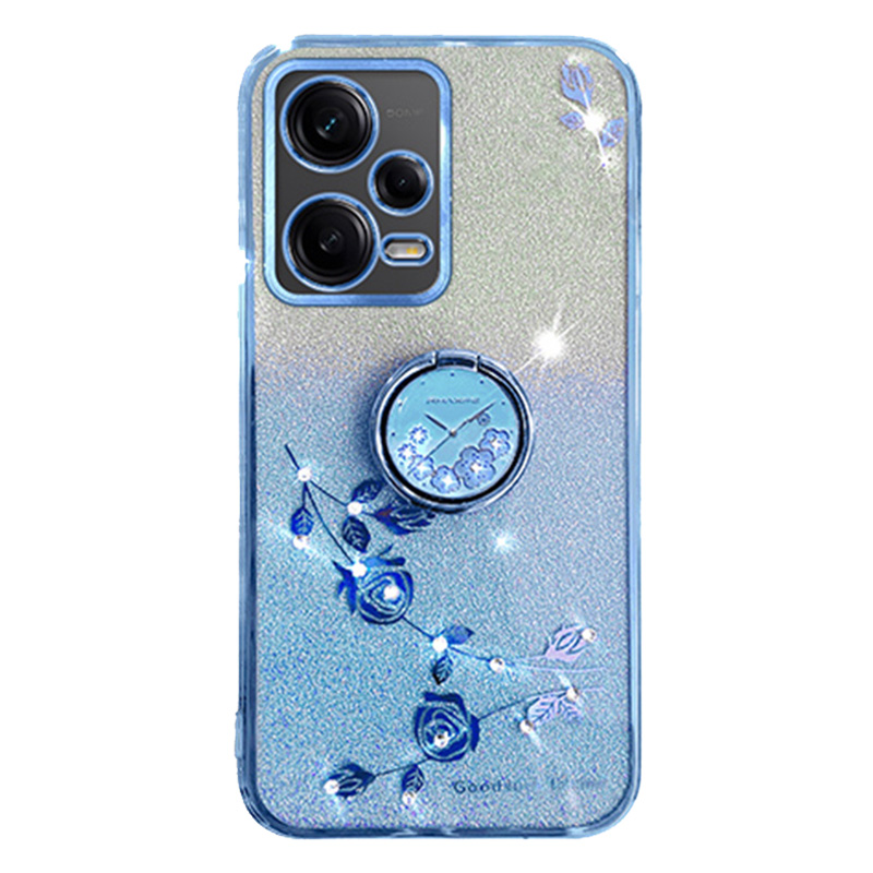 

Für Xiaomi Redmi Anmerkung 12 5G (global) / Poco X5 5G Blume Tpu-abdeckung Glitzer Schlanker Ring-ring-kickstand-telefon Shell - Blau, Xiaomi Redmi Note 12 5G (Global)