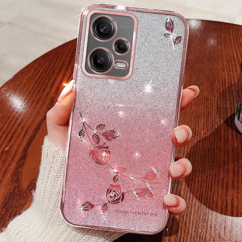 

Für Xiaomi Redmi Anmerkung 12 5G (global) / Poco X5 5G Glitter Strass Decor Blume TPU Shell Gradient Mobiltelefon Fall - Roségold, Xiaomi Redmi Note 12 5G (Global)