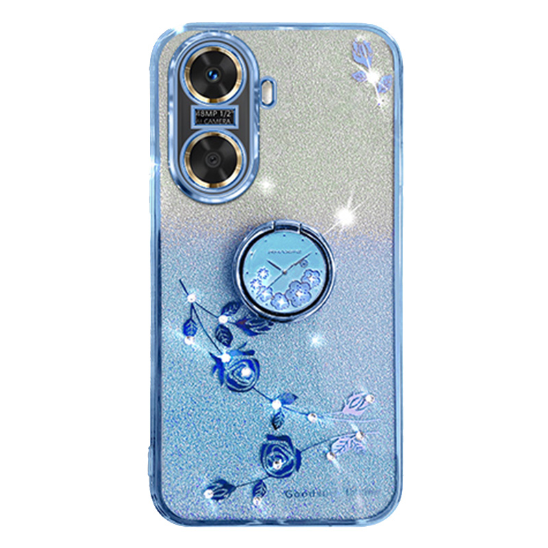 

Für Huawei Genießen Sie 60 Slim-fit-tpu-cover-ring-kickständer Blumendekor Glitzer Handy-hülle - Blau, Huawei Enjoy 60