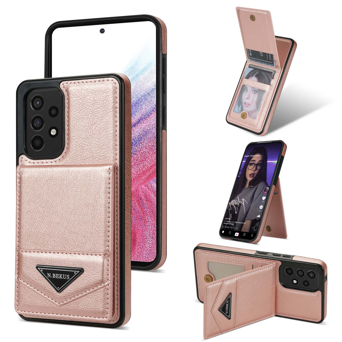

n. Bekus Für Samsung Galaxy A53 5G Leder+tpu Kickstand Cover RFID Blockierende Vertikale Flip -kartenhalter -telefonhülle - Rosa, Samsung Galaxy A53 5G