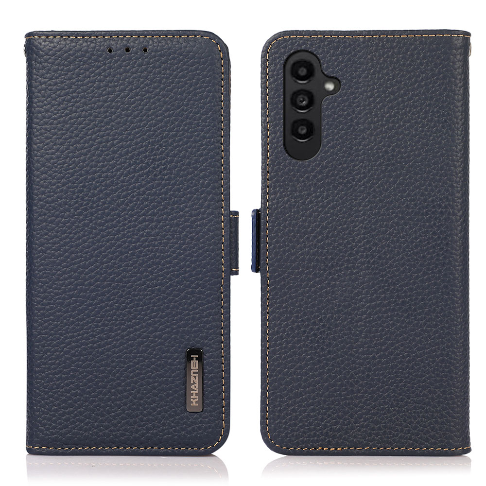 

Khazneh Für Samsung Galaxy M34 5G RFID Blockierende Telefonhülle Stand Wallet Litchi Textur Echte Kuhlederabdeckung - Blau, Samsung Galaxy F34 5G