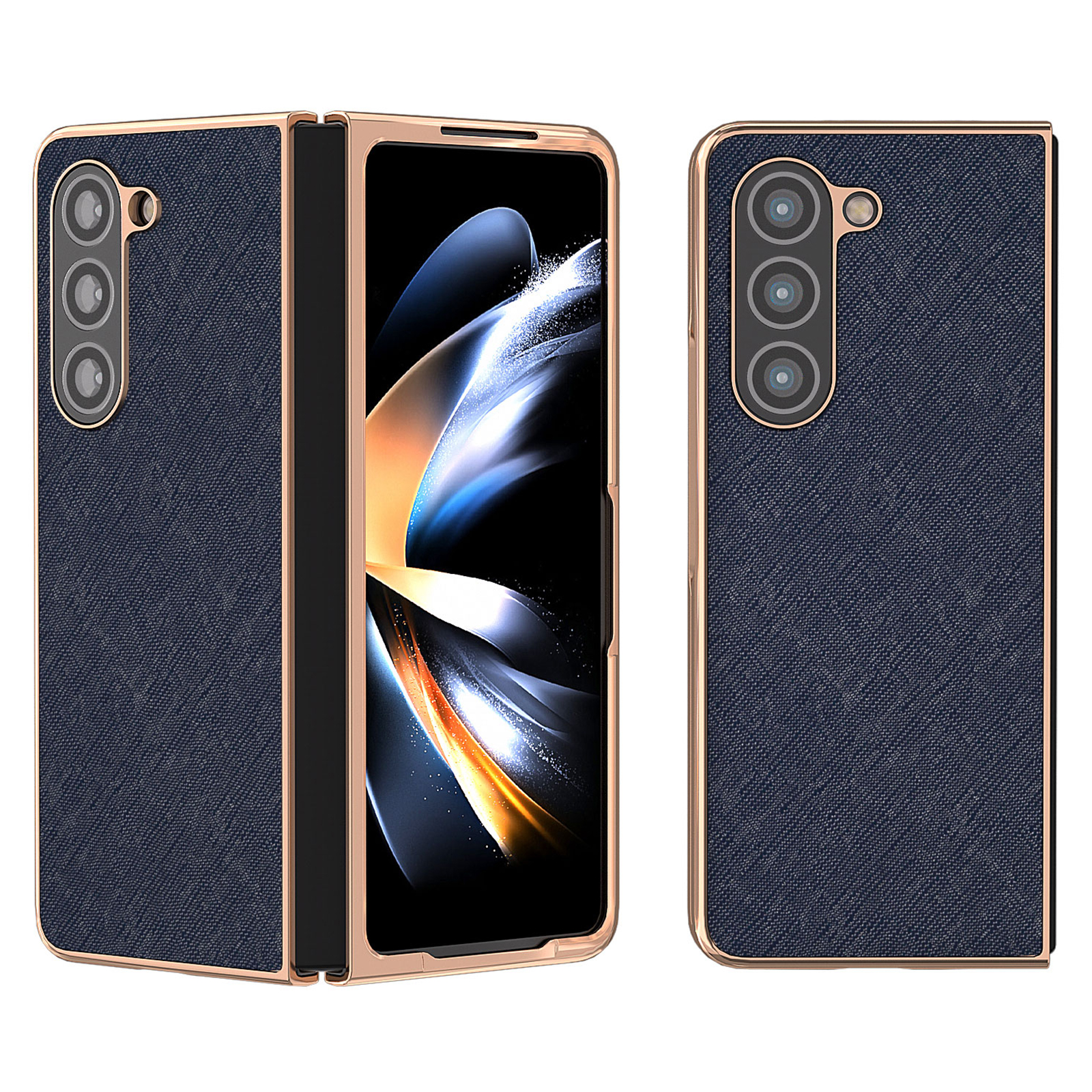 

Elektroplierendes Telefongehäuse Für Samsung Galaxy Z Fold5 5g, Echte Kuhleder + PC Cross Textur Rückseite - Blau, Galaxy Z Fold5 5G