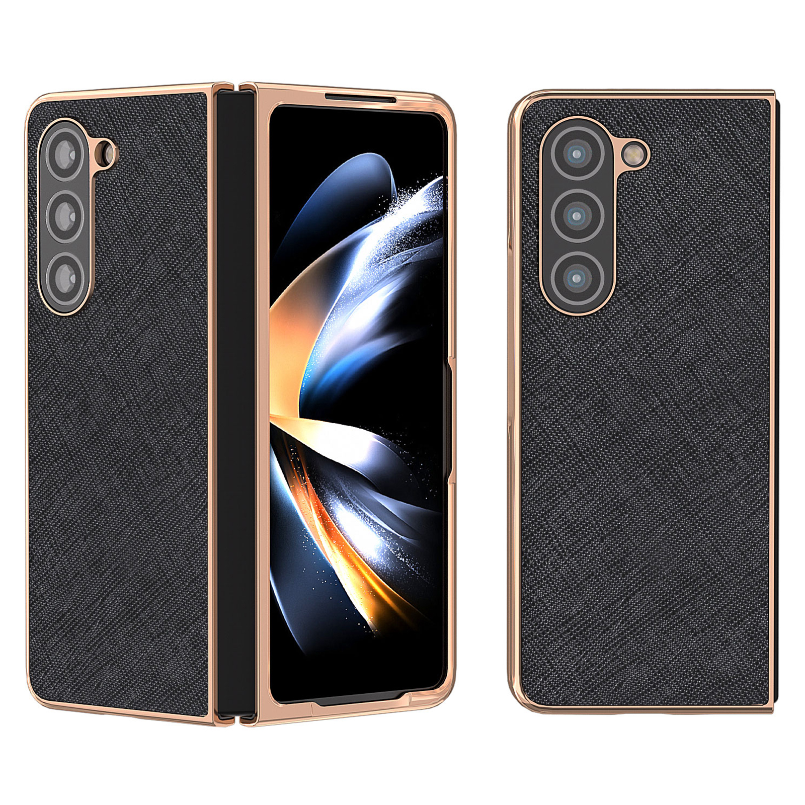 

Elektroplierendes Telefongehäuse Für Samsung Galaxy Z Fold5 5g, Echte Kuhleder + PC Cross Textur Rückseite - Schwarz, Galaxy Z Fold5 5G